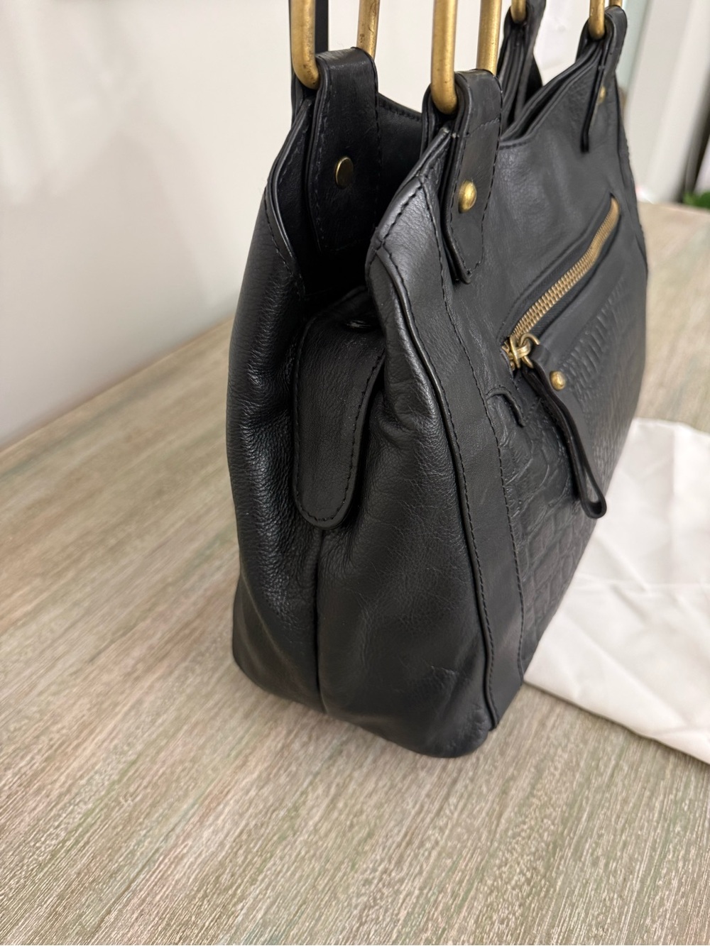 Vintage Black Croc-Embossed Leather Grunge Utility Shoulder Bag - Picture 6 of 16